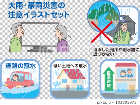 大雨による災害注意イラストセット 大雨による災害注意イラストセット 103905978