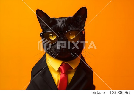 Black fashion business cat with glasses on a bright yellow background. 103906967