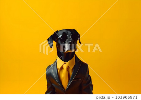 Stylish cool dog in a black business jacket, suit and black glasses as a successful businessman.  103906971