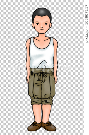 A boy with a shaved head wearing a tank top 103907117