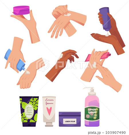Set of woman hands apply cream, tubes and bottles flat style Set of woman hands apply cream, tubes and bottles flat style 103907490