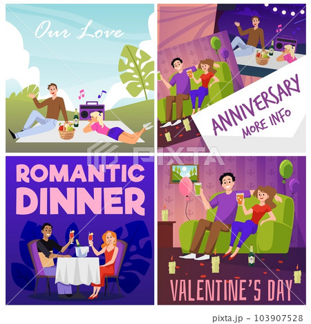 Set of posters of happy couples celebrating love at romantic dinners, flat vector illustration. 103907528