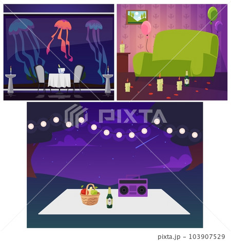 Set of backgrounds for romantic dinners or dates, flat vector illustration. Set of backgrounds for romantic dinners or dates, flat vector illustration. 103907529