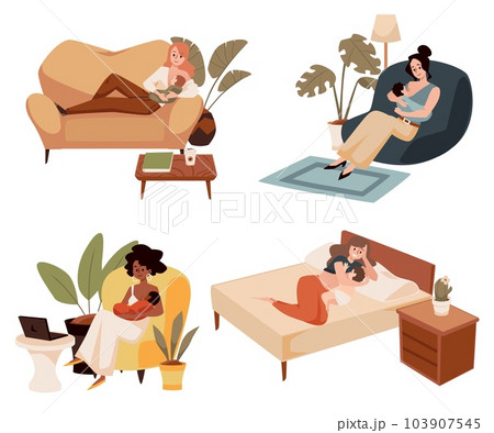 Breastfeeding scenes with mothers nursing a baby, flat vector illustrations set. Breastfeeding scenes with mothers nursing a baby, flat vector illustrations set. 103907545