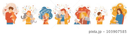 Happy people hugging with cute cats, set of cartoon flat vector illustrations isolated on white background. 103907585
