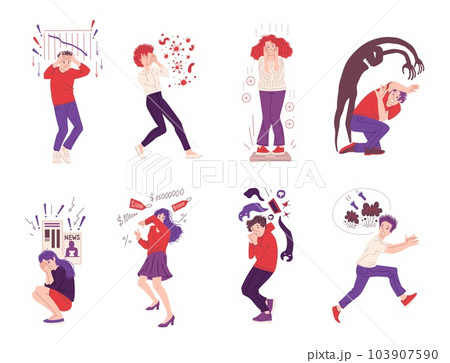 People have panic attacks or phobia fears, flat vector illustration isolated. 103907590