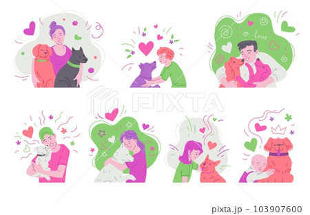 Set of characters with animals and owners flat vector illustration isolated. 103907600