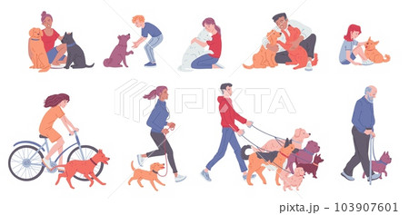Diverse people hugging dogs and walking thor pets, set of flat vector illustrations isolated on white background. 103907601