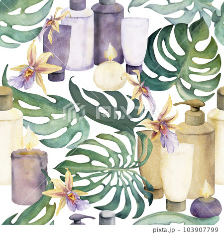 Hand drawn watercolor spa skincare bath beauty bottle and candles products package. Seamless pattern isolated on white background. For wall art, wellness resort, print, fabric, cover, card, booklet. Hand drawn watercolor spa skincare bath beauty bottle and candles products package. Seamless pattern isolated on white background. For wall art, wellness resort, print, fabric, cover, card, booklet. 103907799