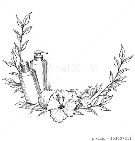 Hand drawn vector ink spa skincare bath beauty products package with flowers and leaves. Frame border. Isolated on white background. Design for wellness resort, print, fabric, cover, card, booklet. Hand drawn vector ink spa skincare bath beauty products package with flowers and leaves. Frame border. Isolated on white background. Design for wellness resort, print, fabric, cover, card, booklet. 103907811