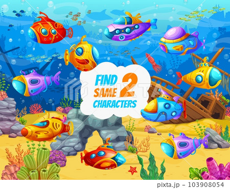Cartoon underwater submarines and bathyscaphe. Find a correct shadow on bottom landscape. Same objects finding kids game or quiz vector worksheet with fantastic funny submarines, sea bottom background 103908054