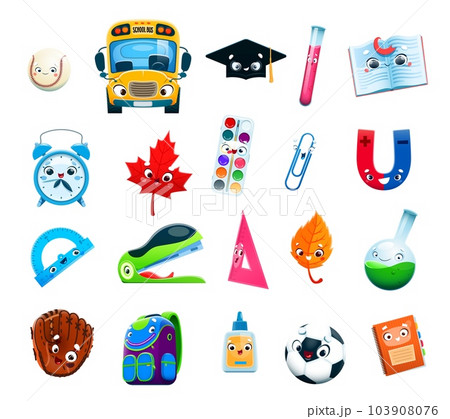 Cartoon school characters. Kids education supplies and items set. Notebook, bus, baseball glove, soccer ball, flask and alarm clock, book, ruler, maple leaf, bag isolated vector cheerful personages Cartoon school characters. Kids education supplies and items set. Notebook, bus, baseball glove, soccer ball, flask and alarm clock, book, ruler, maple leaf, bag isolated vector cheerful personages 103908076