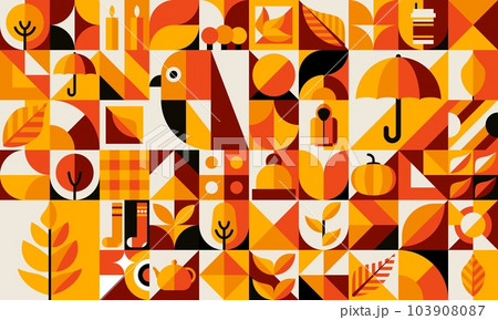 Bauhaus pattern with autumn and Thanksgiving harvest. Business presentation retro composition, corporate identity abstract forms and elements vector background with autumn tree leaves and clothing Bauhaus pattern with autumn and Thanksgiving harvest. Business presentation retro composition, corporate identity abstract forms and elements vector background with autumn tree leaves and clothing 103908087