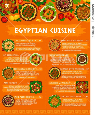 Egyptian cuisine meals menu. Stew with cumin, Sultans delight and Circassian chicken, stuffed rolls, lamb patties and stew with eggplant, kebabs with saffron and golden fried bass, lamb with prunes Egyptian cuisine meals menu. Stew with cumin, Sultans delight and Circassian chicken, stuffed rolls, lamb patties and stew with eggplant, kebabs with saffron and golden fried bass, lamb with prunes 103908099