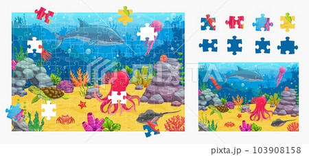 Cartoon sea underwater animals and landscape. Jigsaw puzzle game pieces. Piece match puzzle kids quiz vector worksheet with crab, octopus, starfish and turtle, jellyfish, dolphin sea animal characters 103908158