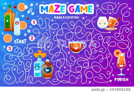 Labyrinth maze make a cocktail drink. Kids vector board game with ingredients for creating mixed beverage. Riddle with cartoon tequila, water bottle, pulque or mezcal. Tea cup, rum or coffee character 103908208