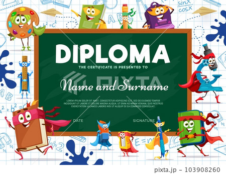 Kids diploma cartoon stationery superhero characters. Education school certificate, vector award frame template with blackboard, paints, textbook, notebook and ruler, pencil case, microscope or bag 103908260