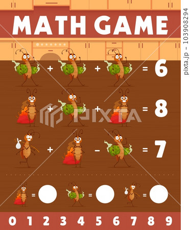 Math game worksheet. Cartoon cockroach characters on kitchen. Vector mathematics riddle for children education and learning arithmetic. Development of calculation skills, puzzle task with funny pests Math game worksheet. Cartoon cockroach characters on kitchen. Vector mathematics riddle for children education and learning arithmetic. Development of calculation skills, puzzle task with funny pests 103908294