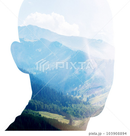 Double exposure portrait of a man's face silhouette on white background 103908894