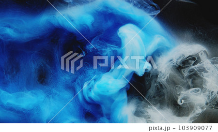 Paint water. Color smoke. Abstract background. Underwater splash. Blue gray glowing explosion vapor wave art texture on dark black. 103909077