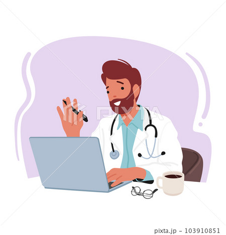 Smiling Male Doctor Character Diligently Working On His Laptop, Chatting By Video Conference, Utilizing Technology 103910851