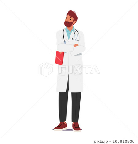 Confident Male Doctor Character Standing With Crossed Arms, Displaying Professionalism, Authority, Expertise, Knowledge 103910906