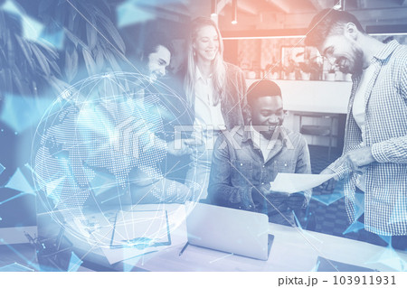 Group of businesspeople working together at office meeting. Global business concept. Futuristic concept Group of businesspeople working together at office meeting. Global business concept. Futuristic concept 103911931