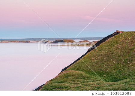 Sunrise in Myvatn lake with fog, Iceland 103912098