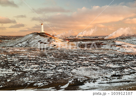 Reykjanesviti lighthouse at sunrise, iceland 103912107