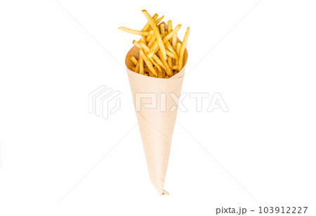 Fresh french fries chips wrapped in brown craft paper on a white background Fresh french fries chips wrapped in brown craft paper on a white background 103912227
