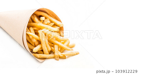 Fresh french fries chips wrapped in brown craft paper on a white background Fresh french fries chips wrapped in brown craft paper on a white background 103912229