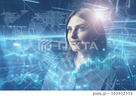 Young businesswoman watch and analyze digital business data on futuristic holographic screen 103912358