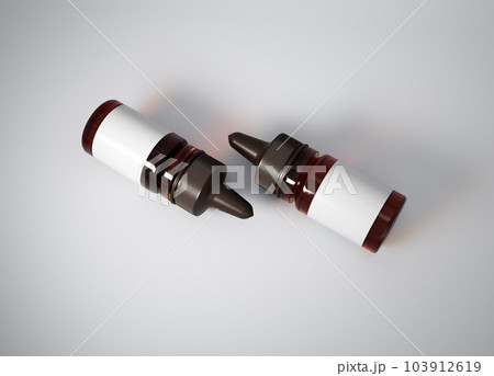 Amber glass dropper bottle mockup on gray background, 3d rendering 103912619