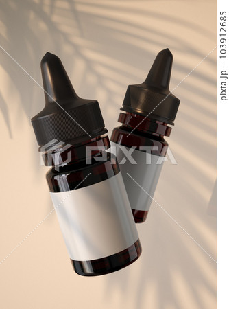 3d rendering of amber glass bottle with pipette on beige background with tropical leaves shadows 3d rendering of amber glass bottle with pipette on beige background with tropical leaves shadows 103912685