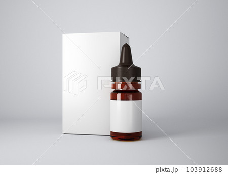 Amber glass dropper bottle mockup with box on gray background, 3d rendering Amber glass dropper bottle mockup with box on gray background, 3d rendering 103912688
