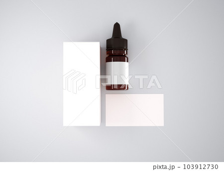 Amber glass dropper bottle mockup with box on gray background, 3d rendering 103912730