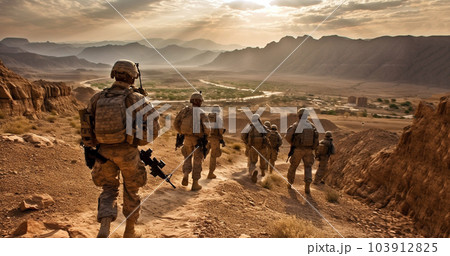 War Concept. Military fighting scene on war fog sky background, World War Soldiers . Selective focus American army in battle,US soldier in the desert, military operation special forces War Concept. Military fighting scene on war fog sky background, World War Soldiers . Selective focus American army in battle,US soldier in the desert, military operation special forces 103912825