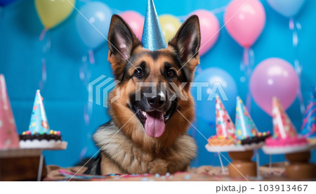 German shepherd celebrating birthday party, funny cut dog with festive hat and party decoration. Happy Birthday concept pet 103913467