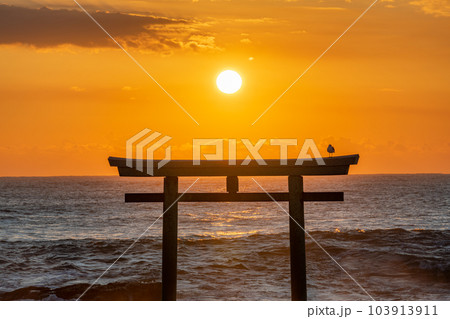 茨城県大洗町 朝日に照らされそびえる大洗磯前神社 神磯の鳥居 茨城県大洗町 朝日に照らされそびえる大洗磯前神社 神磯の鳥居 103913911
