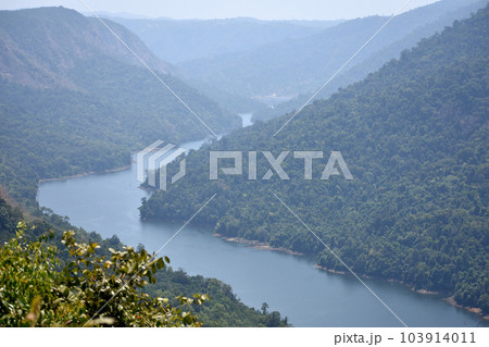 Aerial view of mighty Sharavati river flowing downstream to Gersoopa Dam, Karnataka, India 103914011