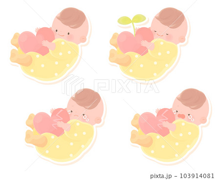 ハートを抱っこする赤ちゃんのイラストセット フチあり ハートを抱っこする赤ちゃんのイラストセット フチあり 103914081