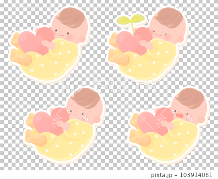 ハートを抱っこする赤ちゃんのイラストセット フチあり ハートを抱っこする赤ちゃんのイラストセット フチあり 103914081