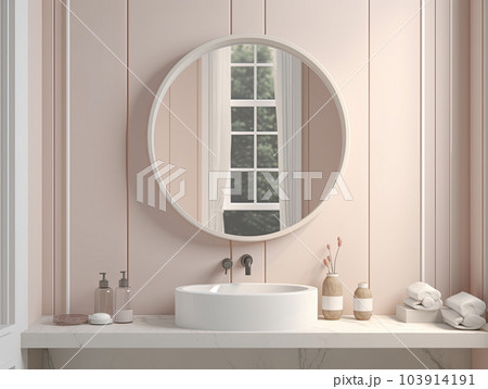 Realistic interior mockup bathroom ceramic sink basin or wash basin with mirror and faucet. modern minimal design. Generative AI 103914191
