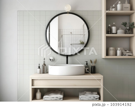 Realistic interior mockup bathroom ceramic sink basin or wash basin with mirror and faucet. modern minimal design. Generative AI 103914192