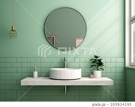 Realistic interior mockup bathroom ceramic sink basin or wash basin with mirror and faucet. modern minimal design. Generative AI 103914193