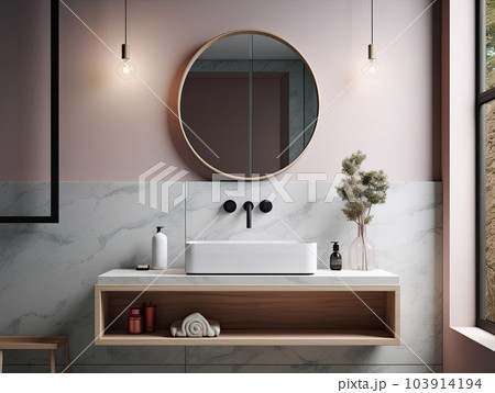 Realistic interior mockup bathroom ceramic sink basin or wash basin with mirror and faucet. modern minimal design. Generative AI 103914194