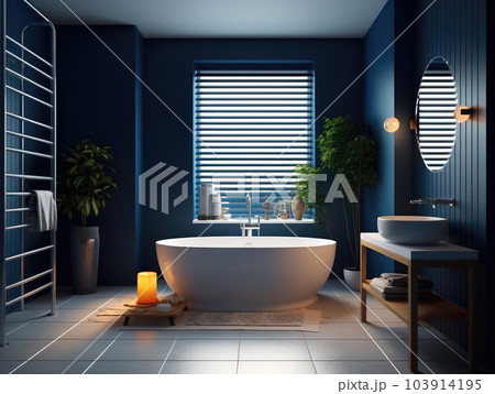 Realistic interior design bathroom with bathtub. modern minimal design. Generative AI 103914195