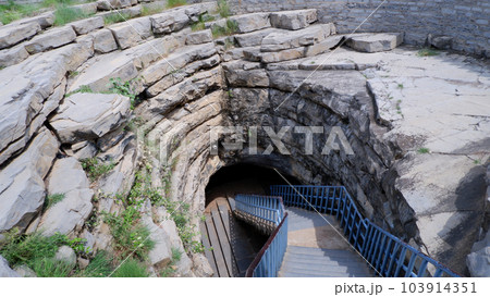 Belum Caves entrance, Kolimigundla, Andhra Pradesh, India. Belum caves are the largest and longest cave system open to the public known for its speleothems, such as stalactite and stalagmite 103914351
