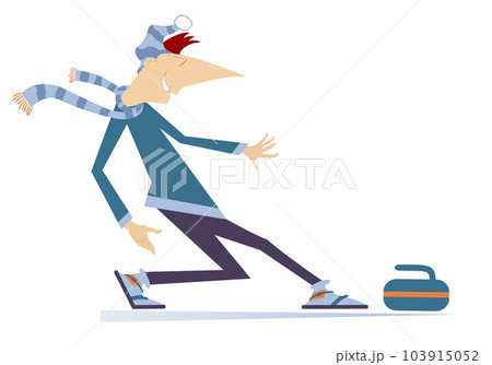 Smiling young man plays curling. Young man with a curling stone Smiling young man plays curling. Young man with a curling stone 103915052