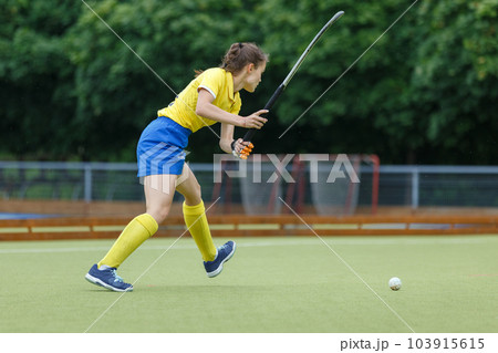 Field hockey female player hit the ball in the game 103915615
